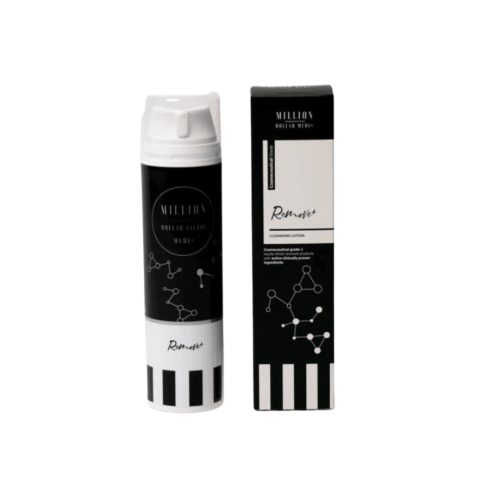"Million Dollar Medi+ Remove+ Cleansing Lotion - Lightweight bottle with golden accents and product label."